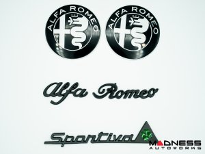 Alfa Romeo Emblems & Badges Kit - Black - "Alfa Romeo" + "Sportiva" Emblems + 2 AR Badges